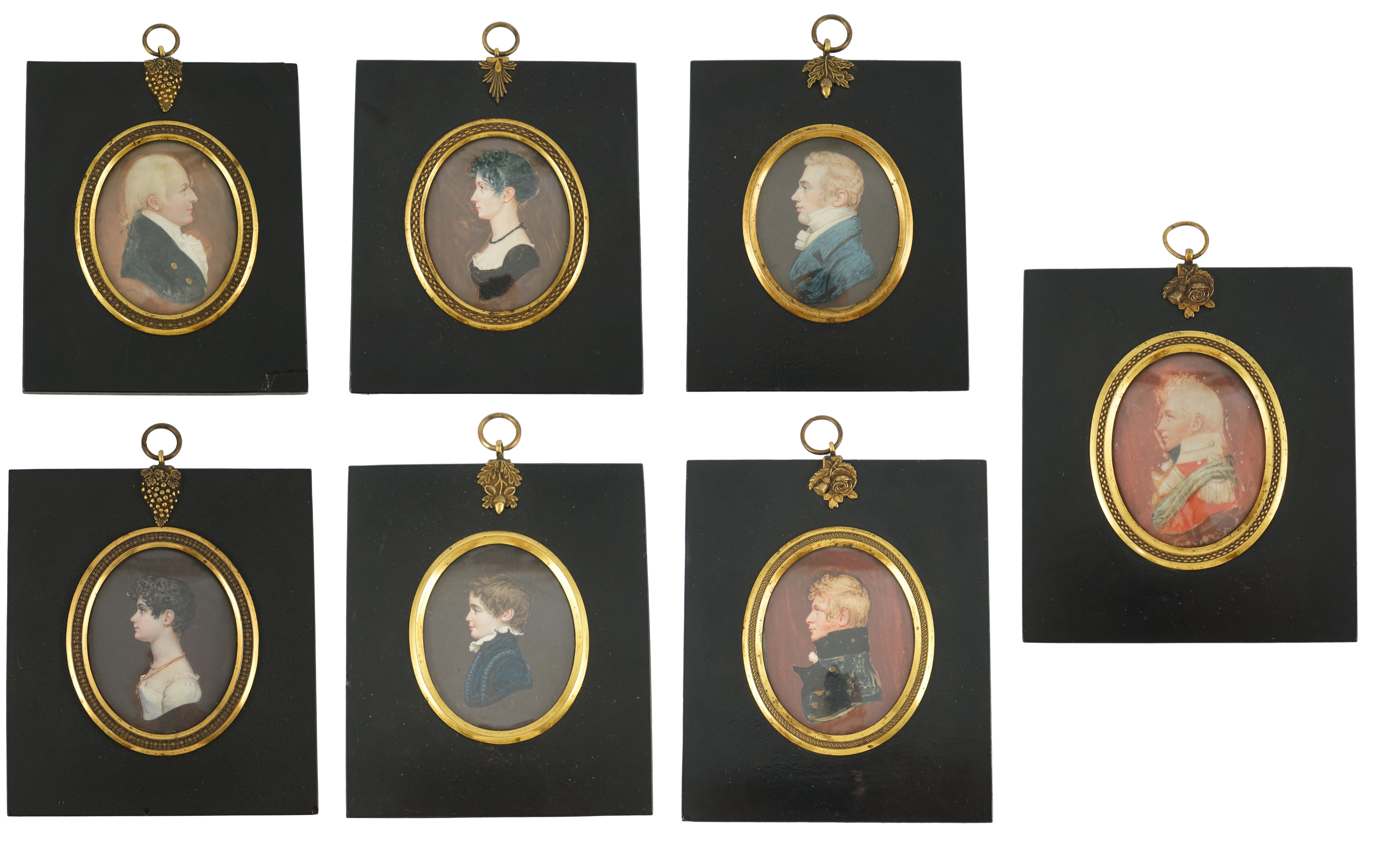 Mrs Anna Trewinnard (fl.1797-1806), a set of seven portrait miniatures of a father and his children, watercolour on ivory, 7.1 x 5.8cm. to 6.4 x 5cm. CITES Submission reference 9RT82CJH